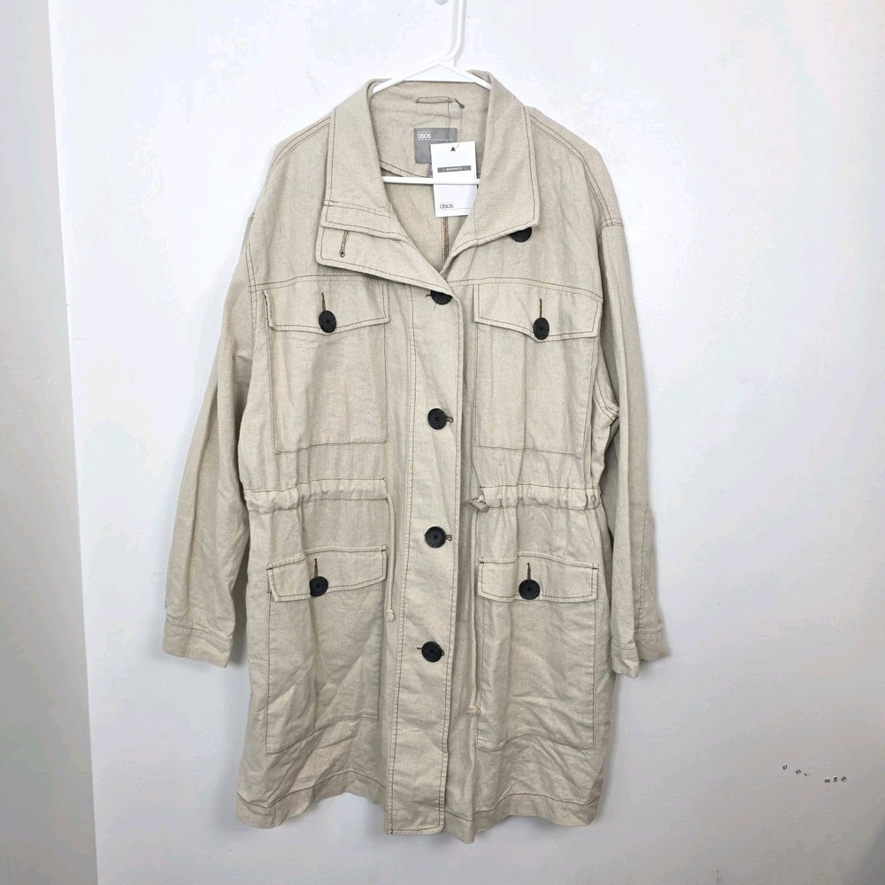 Asos Maternity Beige Linen Blend Cargo Grunge Utility Trench Long Jacket Size 10